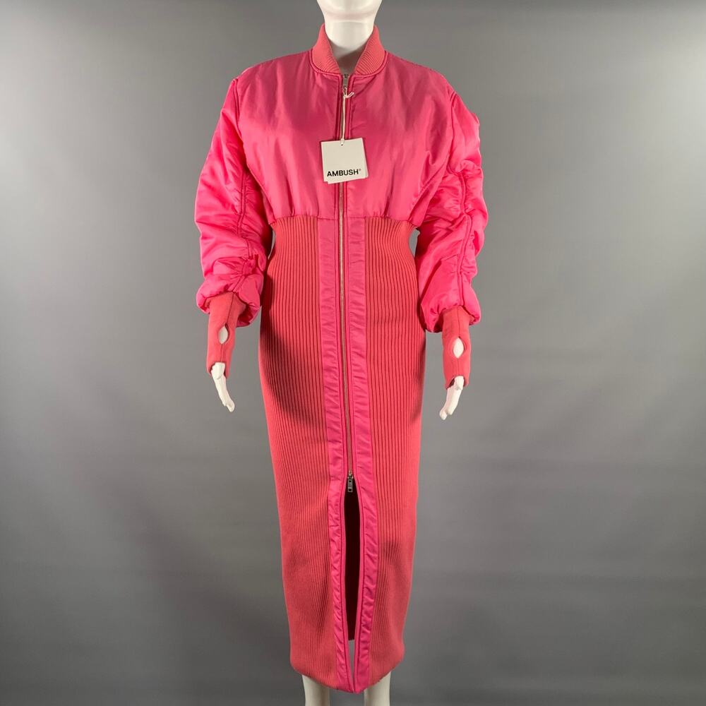 AMBUSH Size M Pink Polyamide Ribbed Knit Coat Dress Coat